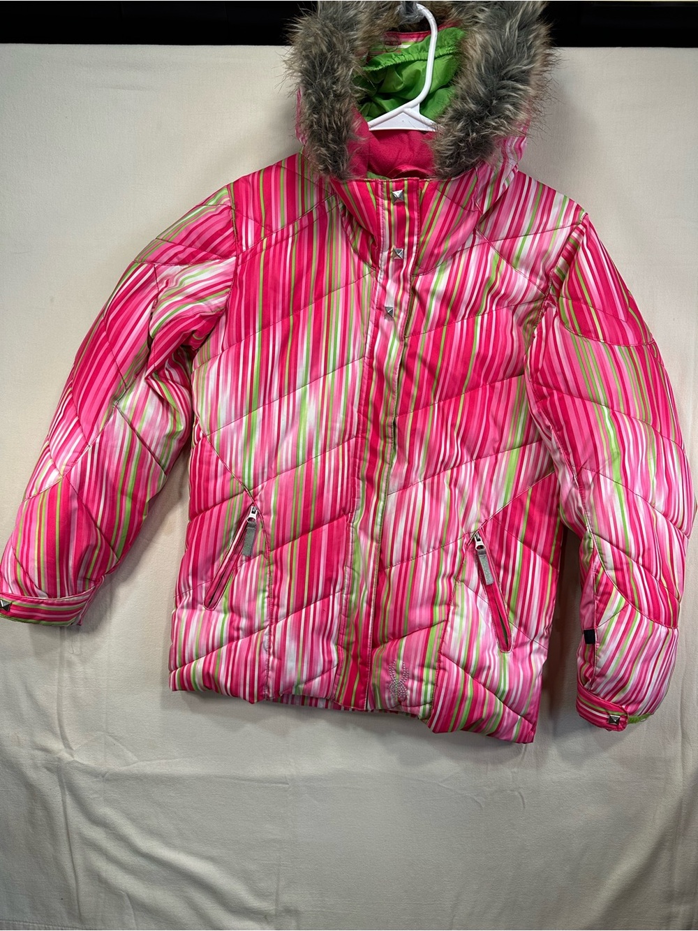 Spyder Girls Hottie Ski Jacket Size 16 Pink Green Stripe Insulated
